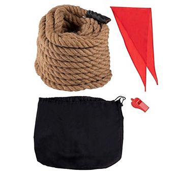 Long Brown Tug Of War Rope Set With Flag, Outdoor Summer Fun Games, 50 Ft