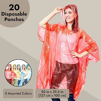 20-Pack Disposable Rain Ponchos with Hood for Adults, Emergency Plastic Poncho