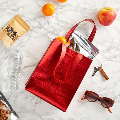 20x Reusable Gift Grocery Tote Bags W Handle Non Woven Metallic Red For Shopping