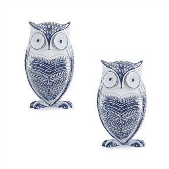 White Washed Owl Décor with Blue Floral Design 6.5"H (Set of 2)