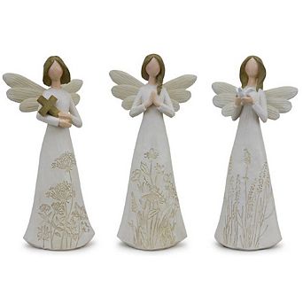 Beige Floral Etched Angel Figurine (set Of 3)