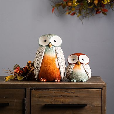 Terra Cotta Owl Figurine With Glazed Accents (set Of 2)