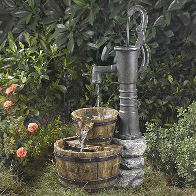 Outdoor Water Pump Fountain with Half Whiskey Barrel Base, Rustic Brown Garden Waterfall, 33''
