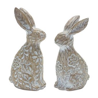 Floral Carved Rabbit Figurine (set Of 2)