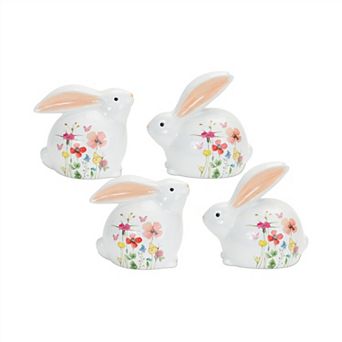 Terra Cotta Bunny Figurine With Painted Floral Design (set Of 4)
