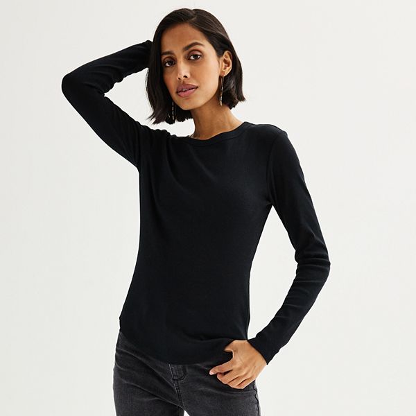 Women's Sonoma Goods For Life® Rib Slim Fit Long Sleeve Tee - Pitch Black (MEDIUM)