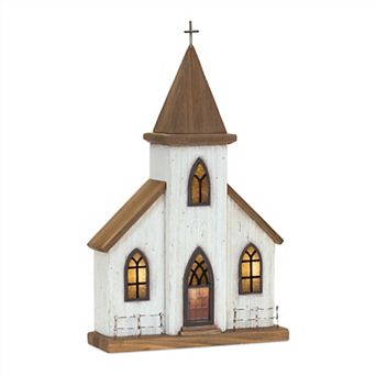 Lighted Natural Wooden Church Display With Rustic Metal Accents 17.75"h