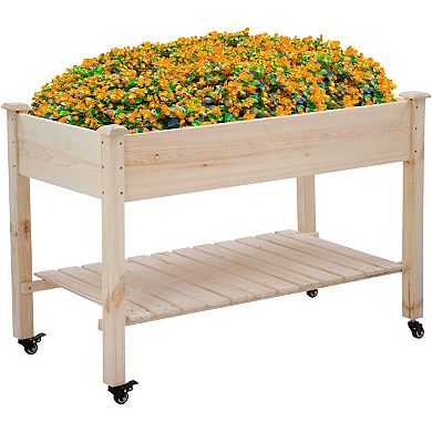 Natural Wood Elevated Garden Planter with Locking Casters for Indoor and Outdoor Planting 48"
