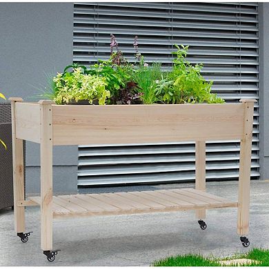 Natural Wood Elevated Garden Planter with Locking Casters for Indoor and Outdoor Planting 48"