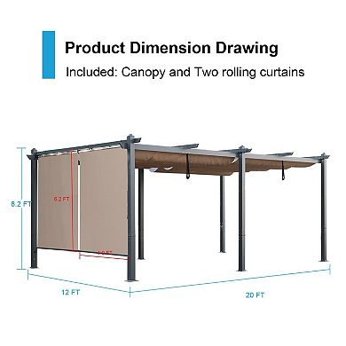 Aoodor 12 X 20 Ft Outdoor Pergola With Retractable Shade Canopy - Khaki