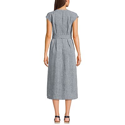 Women's Lands' End Linen Tie Waist V-Neck Midi Dress