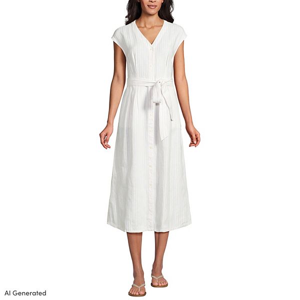 Women's Lands' End Linen Tie Waist V-Neck Midi Dress