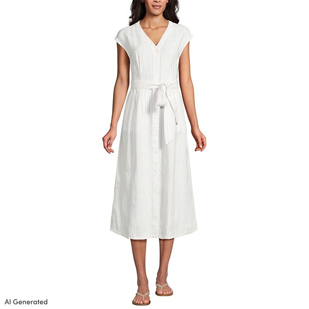 Women's Lands' End Linen Tie Waist V-Neck Midi Dress