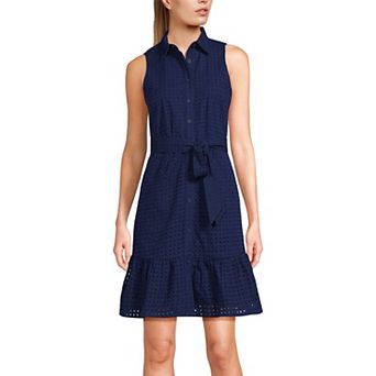 Women's Lands' End Women's Collared Sleeveless Eyelet Tiered Shirt Dress