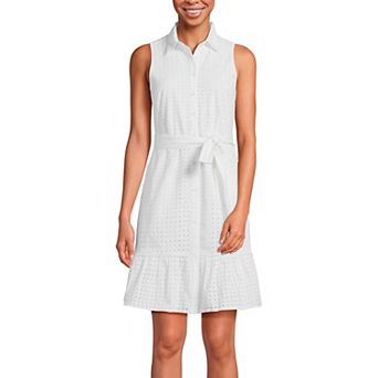 Women's Lands' End Women's Collared Sleeveless Eyelet Tiered Shirt Dress