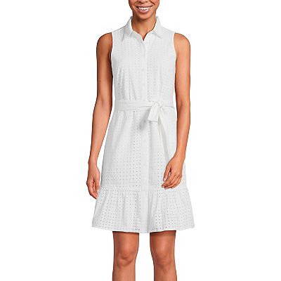 Women s Lands End Women s Collared Sleeveless Eyelet Tiered Shirt Dress