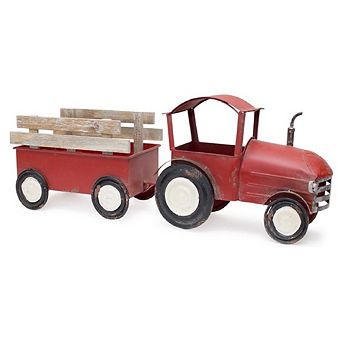 Iron Metal Tractor With Wagon Décor With Wood Accents 27.5"l