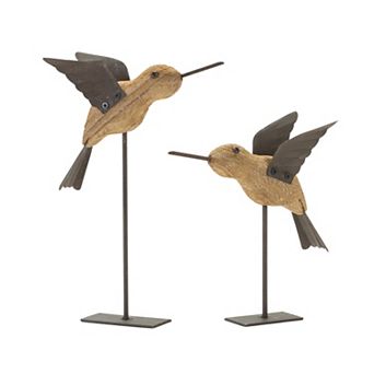 Natural Fir Wood Bird Figurine With Rustic Metal Accents (set Of 2)