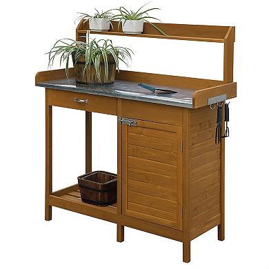 Red Cedar Potting Bench with Metal Work Surface Cabinet Drawer and Open Shelf for Gardening, 49'' H