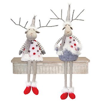 Plush Holiday Deer Shelf Sitter With Hat And Scarf Accent (Set Of 2)