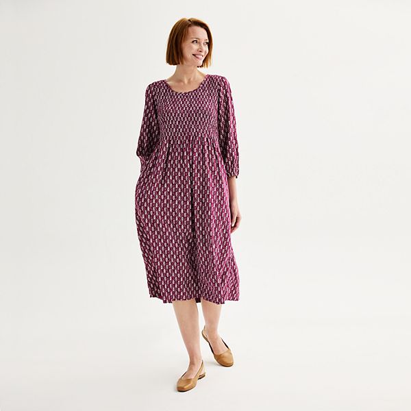 Womens Croft & Barrow 3/4 Sleeve Smocked Challis Dress - Plum Small Tile (X SMALL)