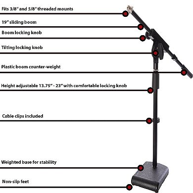 Lyxpro Kick Drum Mic Stand, Adjustable Microphone Boom Stand, For 3/8" & 5/8" Threaded Mounts