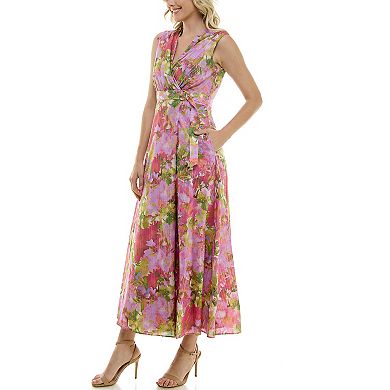 Women's Taylor Floral Print Voile Pleated V-Neck Sleeveless Maxi Dress