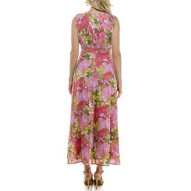 Women's Taylor Floral Print Voile Pleated V-Neck Sleeveless Maxi Dress