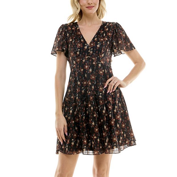 Women's Taylor Retro Ditsy Print Chiffon V-Neck Short Sleeve Mini Dress
