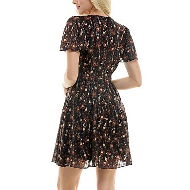 Women's Taylor Retro Ditsy Print Chiffon V-Neck Short Sleeve Mini Dress