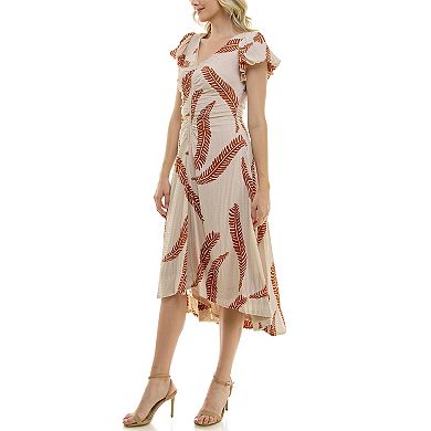 Women's Taylor Bubble Crepe Feather Print Flowy Scoopneck Flutter Sleeve Midi Dress