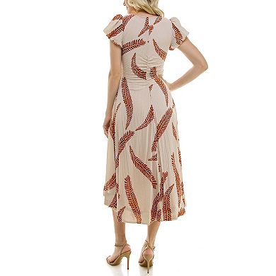 Women's Taylor Bubble Crepe Feather Print Flowy Scoopneck Flutter Sleeve Midi Dress