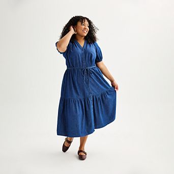 Plus Size Sonoma Goods For Life® Puff Sleeve V-Neck Tiered Midi Dress