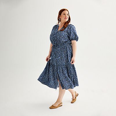 Plus Size Sonoma Goods For Life Puff Sleeve V-Neck Tiered Midi Dress