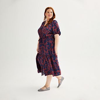 Plus Size Sonoma Goods For Life® Puff Sleeve V-Neck Tiered Midi Dress