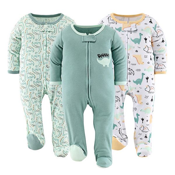 The Peanutshell Green Dino Footed Baby Sleepers For Boys Or Girls, 3pack