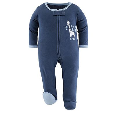 The Peanutshell Blue Safari Footed Baby Sleepers For Boys, 3-pack
