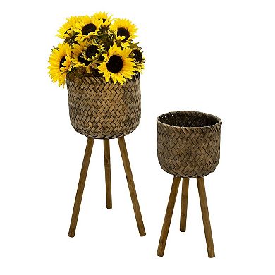 Set of 2 Brown and Black Outdoor Planters on Stand 27.5"