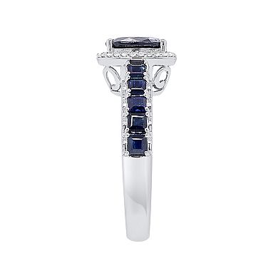 10k White Gold Sapphire 1/8 Carat T.W. Diamond Halo Ring