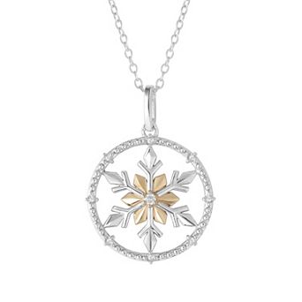 Sterling Silver Two Tone 1/10 Carat T.W. Diamond Circle Snowflake Pendant Necklace