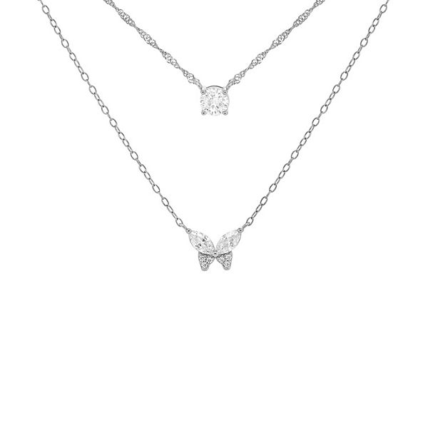 PRIMROSE Sterling Silver Cubic Zirconia Butterfly Double-Strand Necklace - White