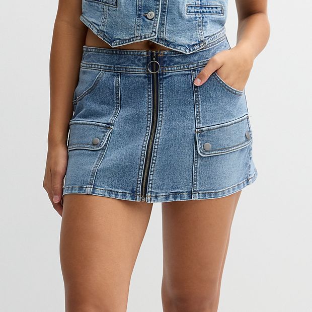 Juniors Vanilla Star Denim Cargo Moto Mini Skirt