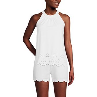 Women's Lands' End Eyelet Trimmed Flowy Pleated High Neck Tank Top