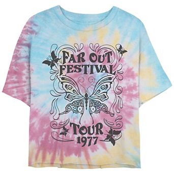 Juniors' Far Out Festival Tour 1977 Poster Cropped Tie Dye Graphic Tee