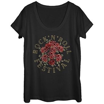 Juniors' Rock And Roll Roses Festival Scoop Neck Graphic Tee