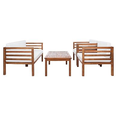 Two wooden sofas with white cushions and a central coffee table forming a 4-seat set