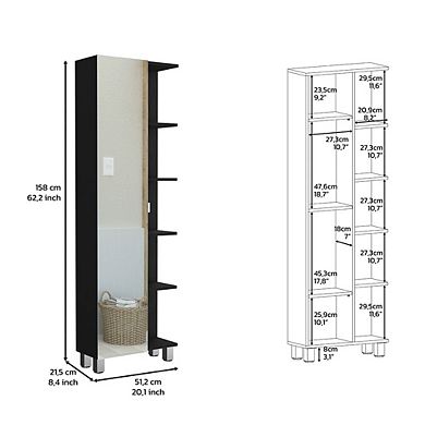 DEPOT E-SHOP Venus Mirror Linen Single Door Cabinet, Five External Shelves, Four Interior Shelves, Black