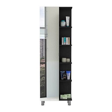DEPOT E-SHOP Venus Mirror Linen Single Door Cabinet, Five External Shelves, Four Interior Shelves, Black