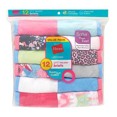 Girls Hanes® 12 Pack Ultimate Assorted Prints & Solids Cotton Briefs Underwear