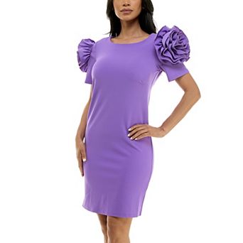 Women's Nina Leonard Shoulder Flower Ruffle Mini Sheath Dress